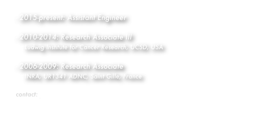 2015-present: Assistant Engineer

2010-2014: Research Associate III
    Ludwig Institute for Cancer Research, UCSD, USA 

2006-2009: Research Associate
    INRA, UR1341 ADNC, Saint Gille, France

contact: jihane.vitre@igf.cnrs.fr